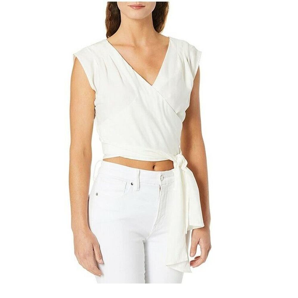 J.O.A. Pleated Shoulder Sleeveless Faux Wide Strap Wrap Top Cream Size M - Picture 3 of 4